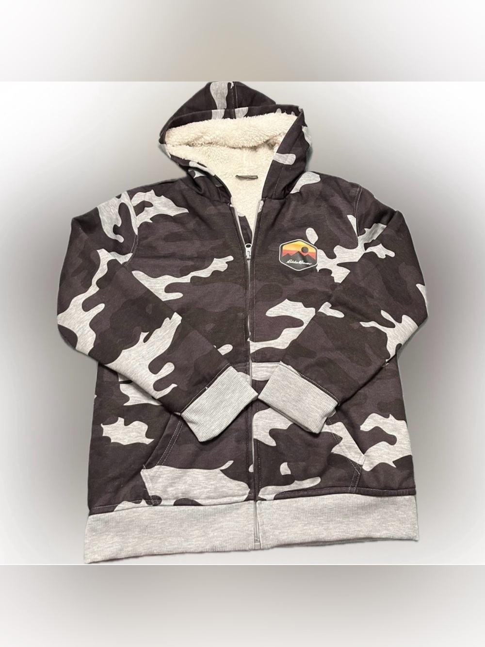 Eddie Bauer Kids Camo Sherpa-Lined Zip Hoodie in Black & Gray